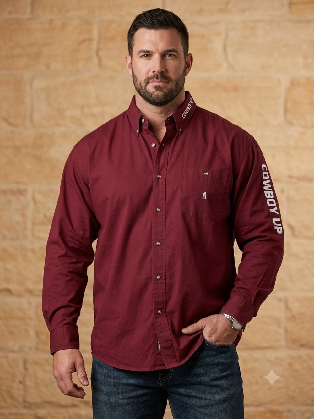 Cowboy Up Men’s Long-Sleeve Wine Button-Down Shirt.   MS 40